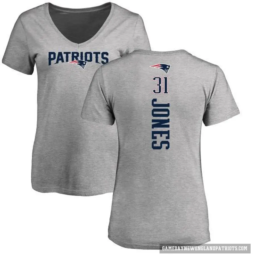 Women's ＃31 Jonathan Jones New England Patriots Ash Backer V-Neck T-Shirt