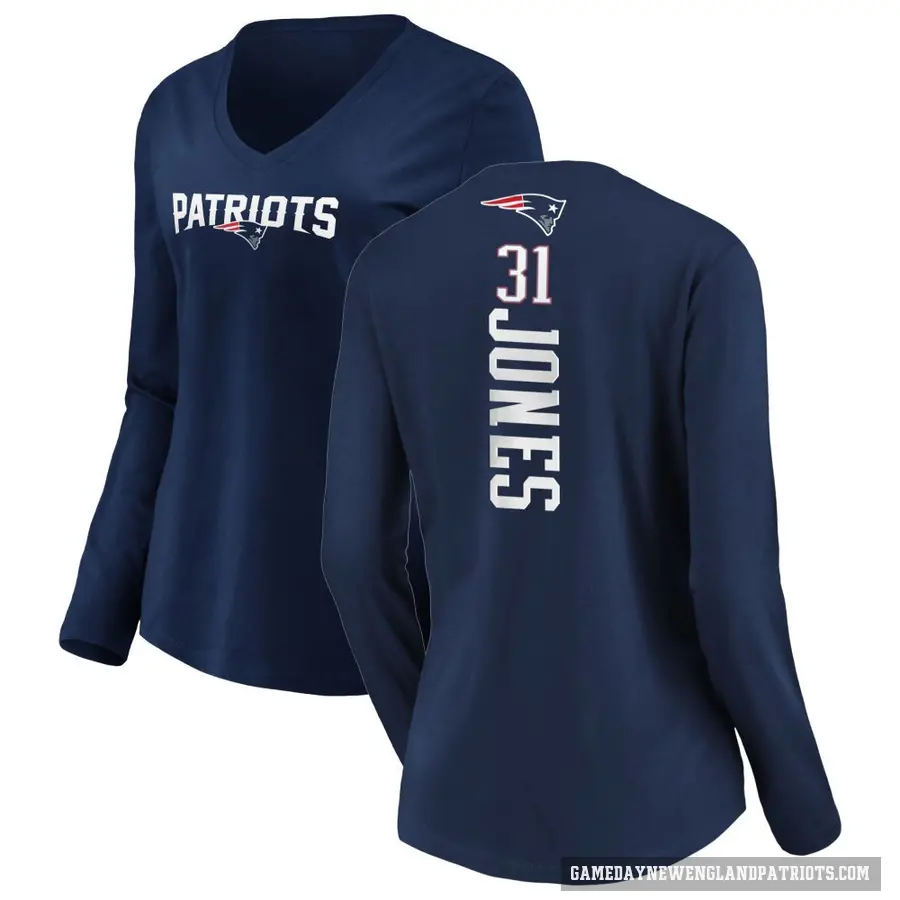 Women's ＃31 Jonathan Jones New England Patriots Navy Backer Slim Fit Long Sleeve T-Shirt