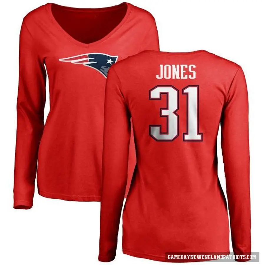 Women's ＃31 Jonathan Jones New England Patriots Red Logo Slim Fit Long Sleeve T-Shirt