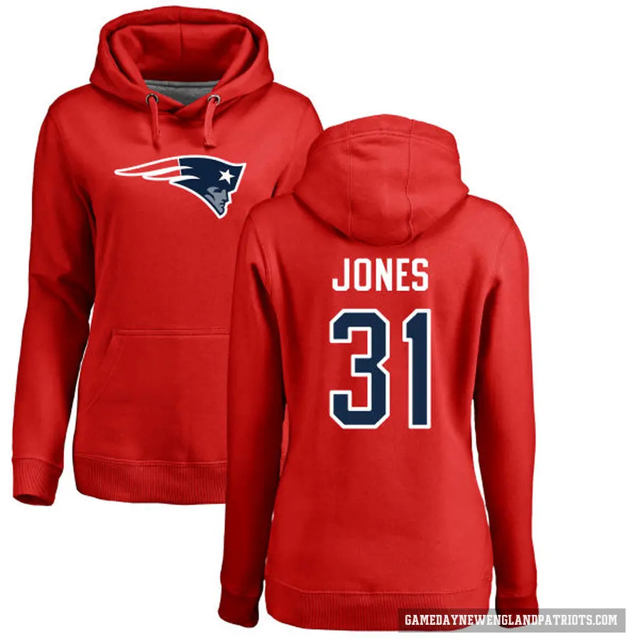 Women's ＃31 Jonathan Jones New England Patriots Red Pro Line Name & Number Logo Pullover Hoodie