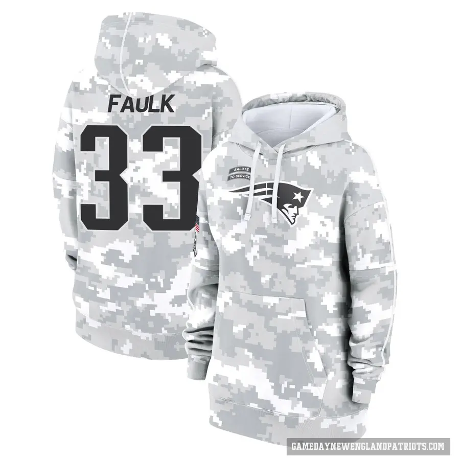 Women's ＃33 Kevin Faulk New England Patriots Arctic Camo 2024 Salute to Service Club Fleece Pullover Hoodie