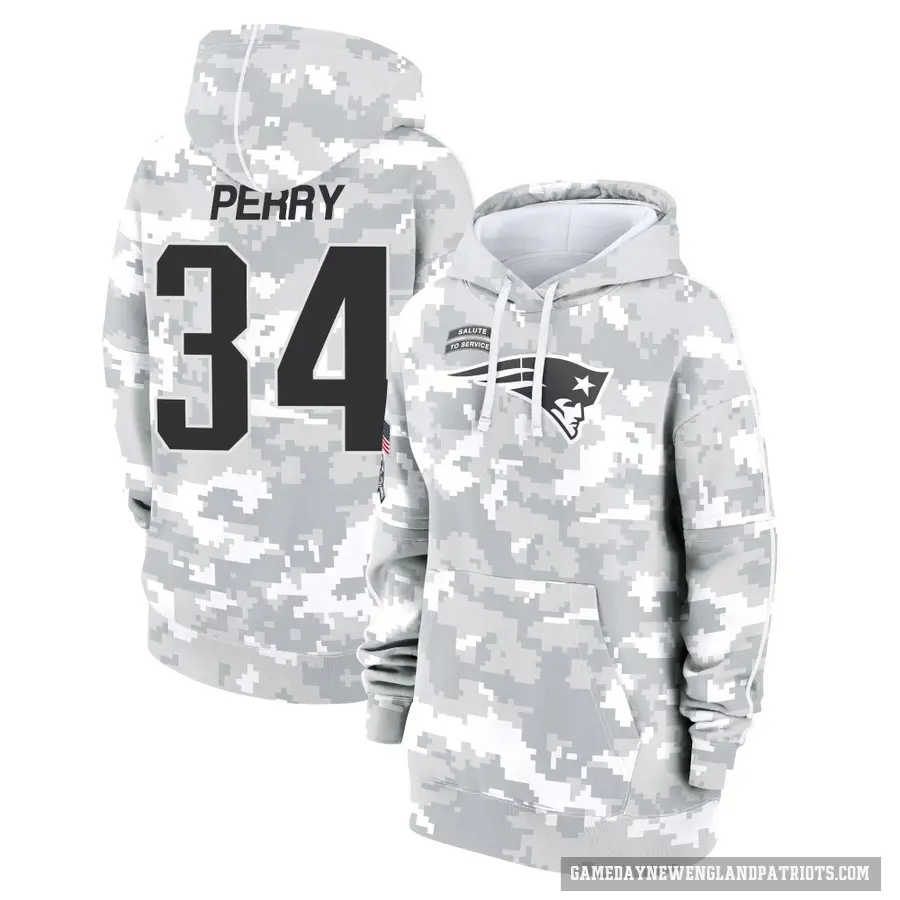 Women's ＃34 Mark Perry New England Patriots Arctic Camo 2024 Salute to Service Club Fleece Pullover Hoodie