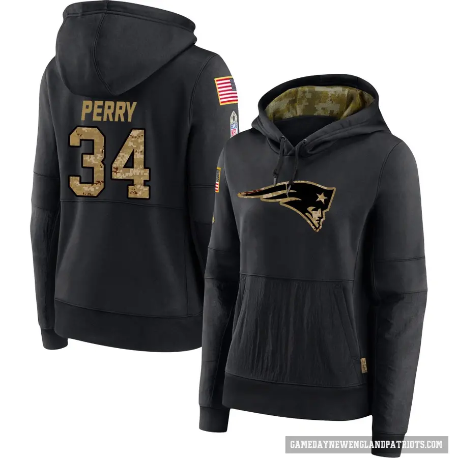 Women's ＃34 Mark Perry New England Patriots Black 2020 Salute to Service Sideline Performance Pullover Hoodie