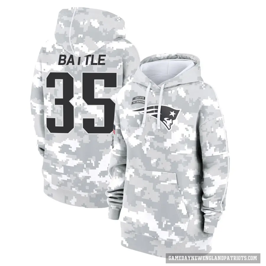 Women's ＃35 Miles Battle New England Patriots Arctic Camo 2024 Salute to Service Club Fleece Pullover Hoodie