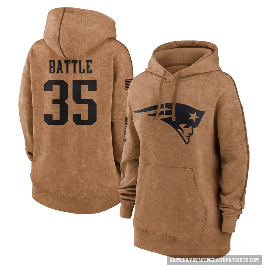 Women's ＃35 Miles Battle New England Patriots Brown 2023 Salute To Service Pullover Hoodie