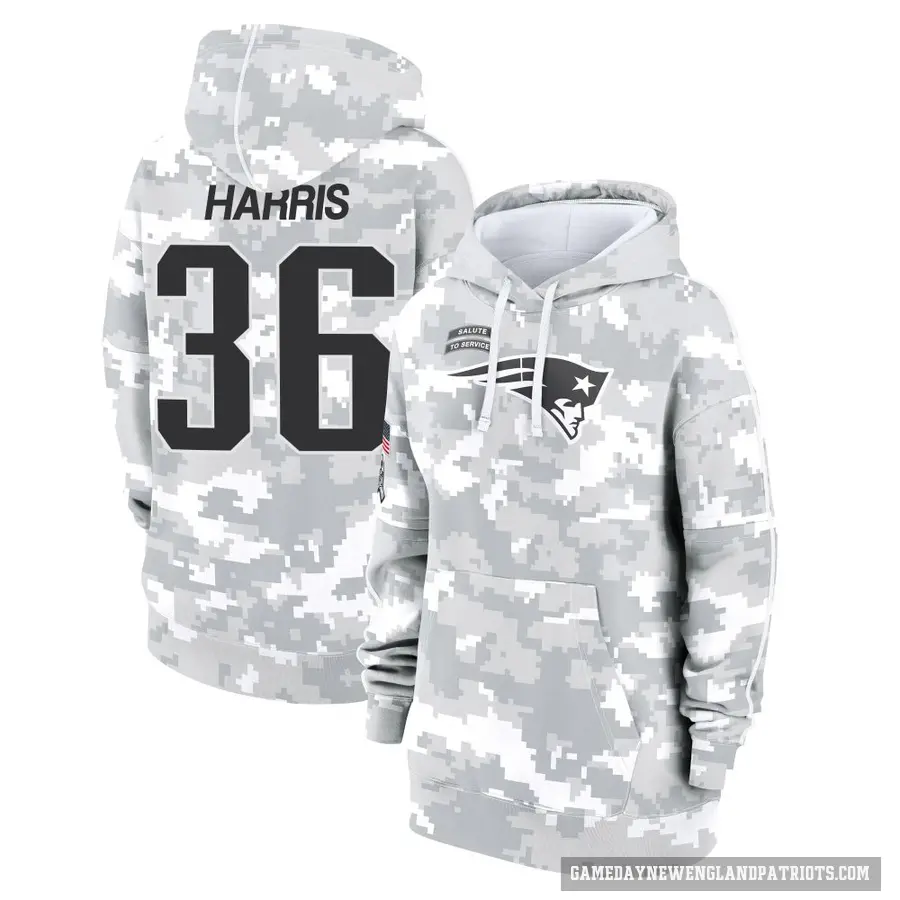 Women's ＃36 Kevin Harris New England Patriots Arctic Camo 2024 Salute to Service Club Fleece Pullover Hoodie