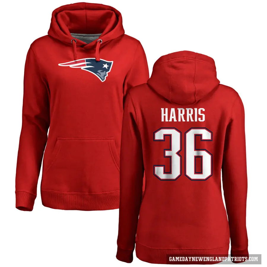 Women's ＃36 Kevin Harris New England Patriots Red Pro Line Name & Number Logo Pullover Hoodie