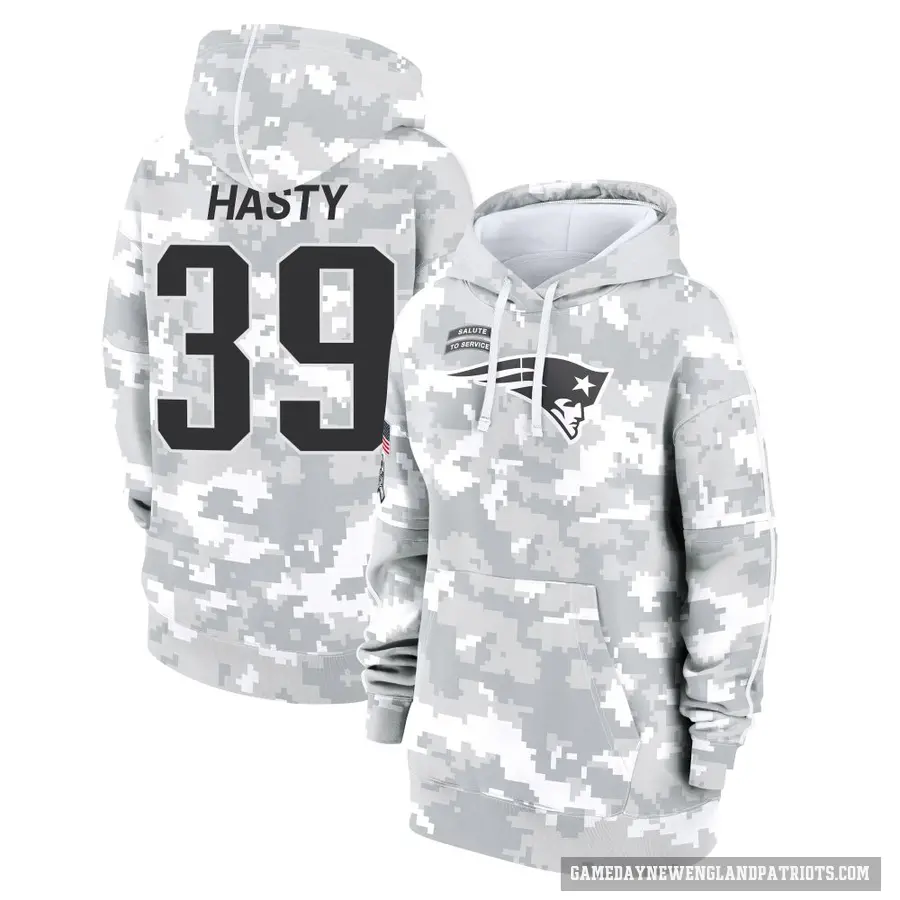 Women's ＃39 JaMycal Hasty New England Patriots Arctic Camo 2024 Salute to Service Club Fleece Pullover Hoodie