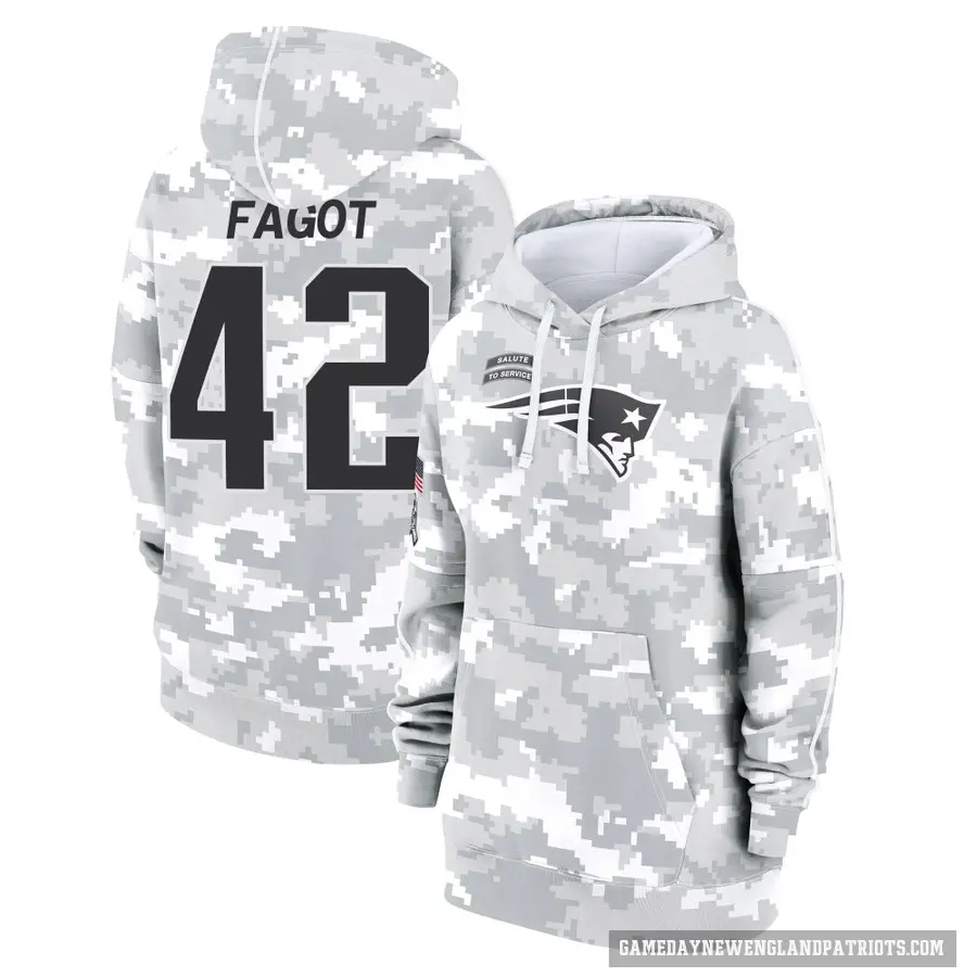 Women's ＃42 Diego Fagot New England Patriots Arctic Camo 2024 Salute to Service Club Fleece Pullover Hoodie