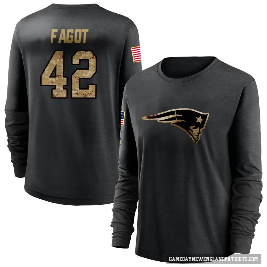 Women's ＃42 Diego Fagot New England Patriots Black 2020 Salute To Service Sideline Performance Long Sleeve T-Shirt