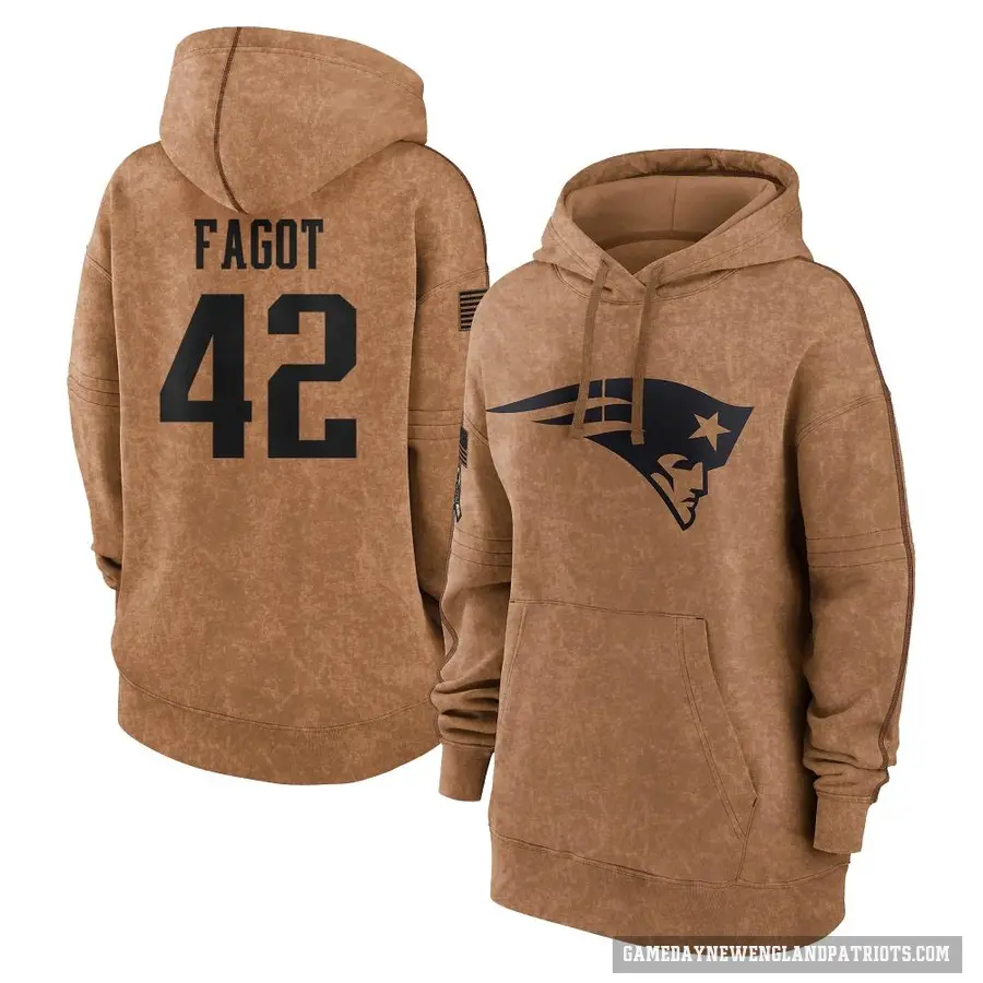 Women's ＃42 Diego Fagot New England Patriots Brown 2023 Salute To Service Pullover Hoodie