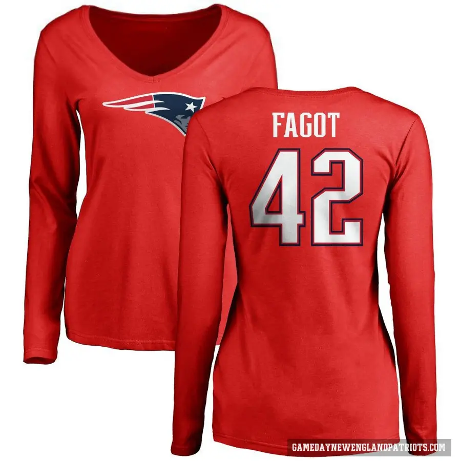 Women's ＃42 Diego Fagot New England Patriots Red Logo Slim Fit Long Sleeve T-Shirt