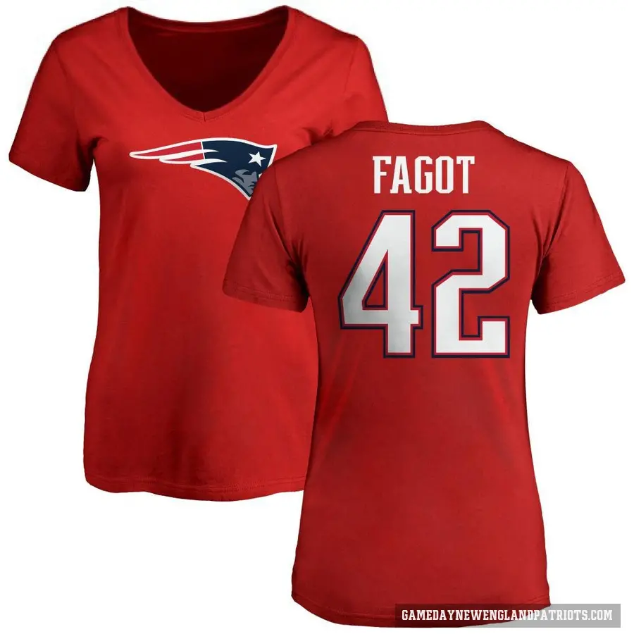 Women's ＃42 Diego Fagot New England Patriots Red Logo Slim Fit T-Shirt