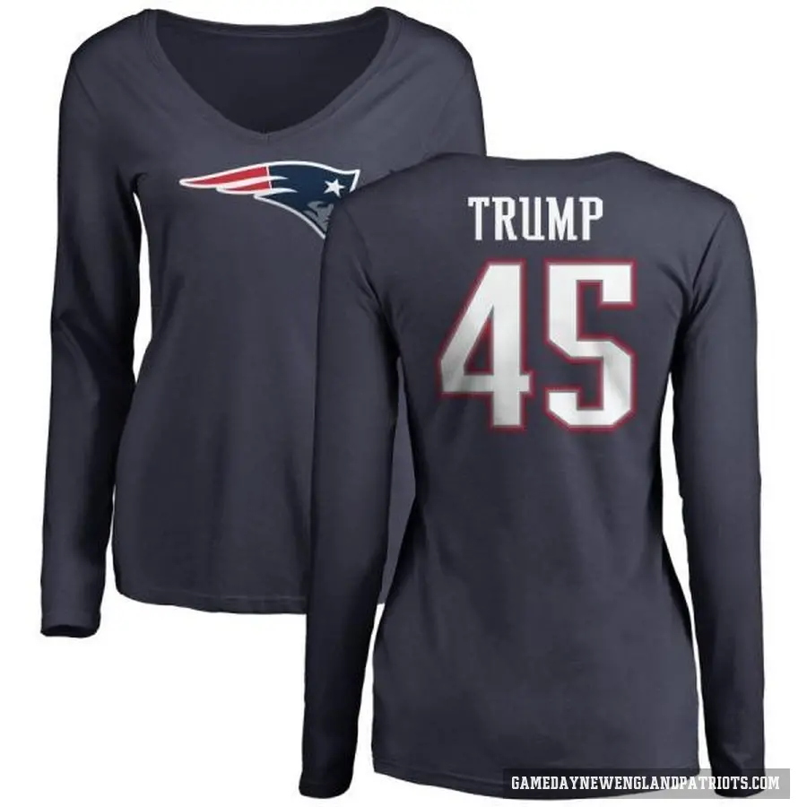 Women's ＃45 Donald Trump New England Patriots Navy Logo Slim Fit Long Sleeve T-Shirt