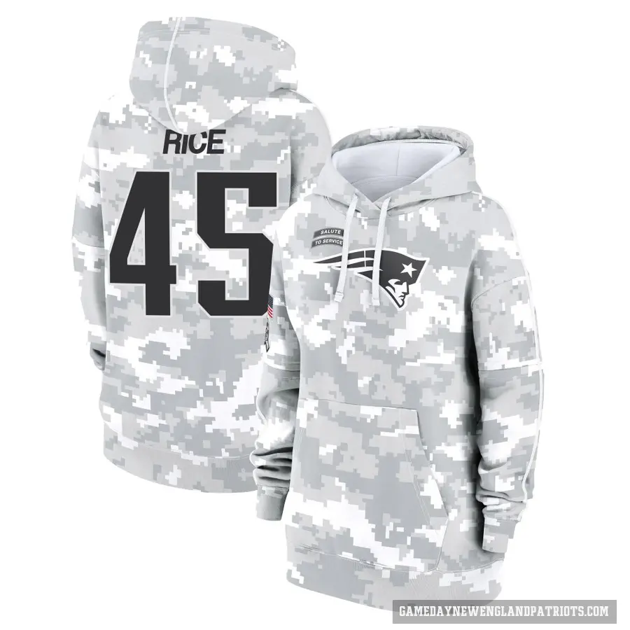 Women's ＃45 Monty Rice New England Patriots Arctic Camo 2024 Salute to Service Club Fleece Pullover Hoodie