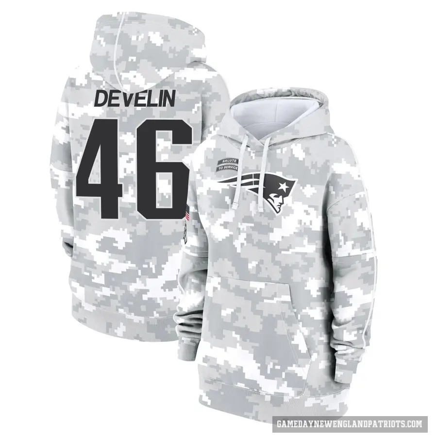 Women's ＃46 James Develin New England Patriots Arctic Camo 2024 Salute to Service Club Fleece Pullover Hoodie