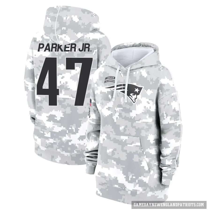 Women's ＃47 Andrew Parker Jr. New England Patriots Arctic Camo 2024 Salute to Service Club Fleece Pullover Hoodie