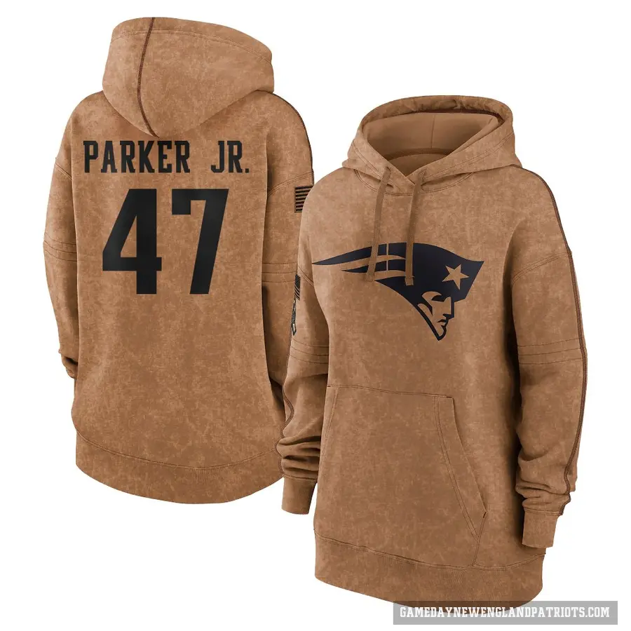 Women's ＃47 Andrew Parker Jr. New England Patriots Brown 2023 Salute To Service Pullover Hoodie