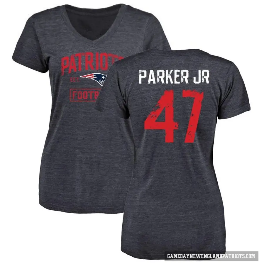 Women's ＃47 Andrew Parker Jr. New England Patriots Navy Distressed V-Neck T-Shirt