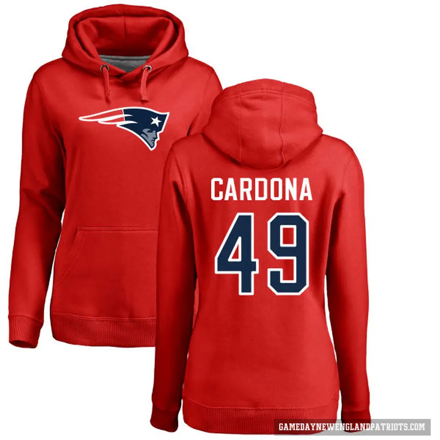 Women's ＃49 Joe Cardona New England Patriots Red Pro Line Name & Number Logo Pullover Hoodie