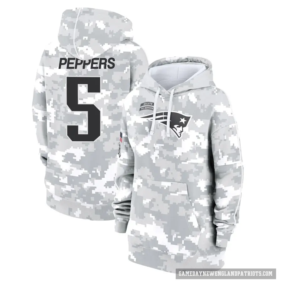 Women's ＃5 Jabrill Peppers New England Patriots Arctic Camo 2024 Salute to Service Club Fleece Pullover Hoodie