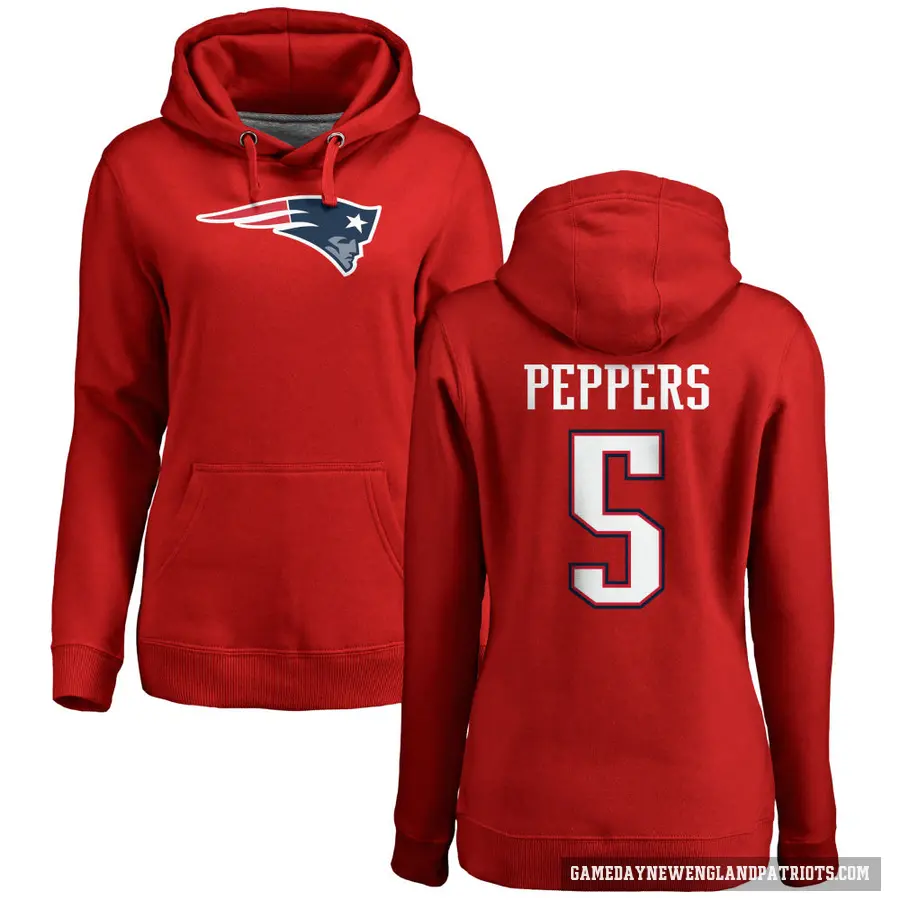 Women's ＃5 Jabrill Peppers New England Patriots Red Pro Line Name & Number Logo Pullover Hoodie