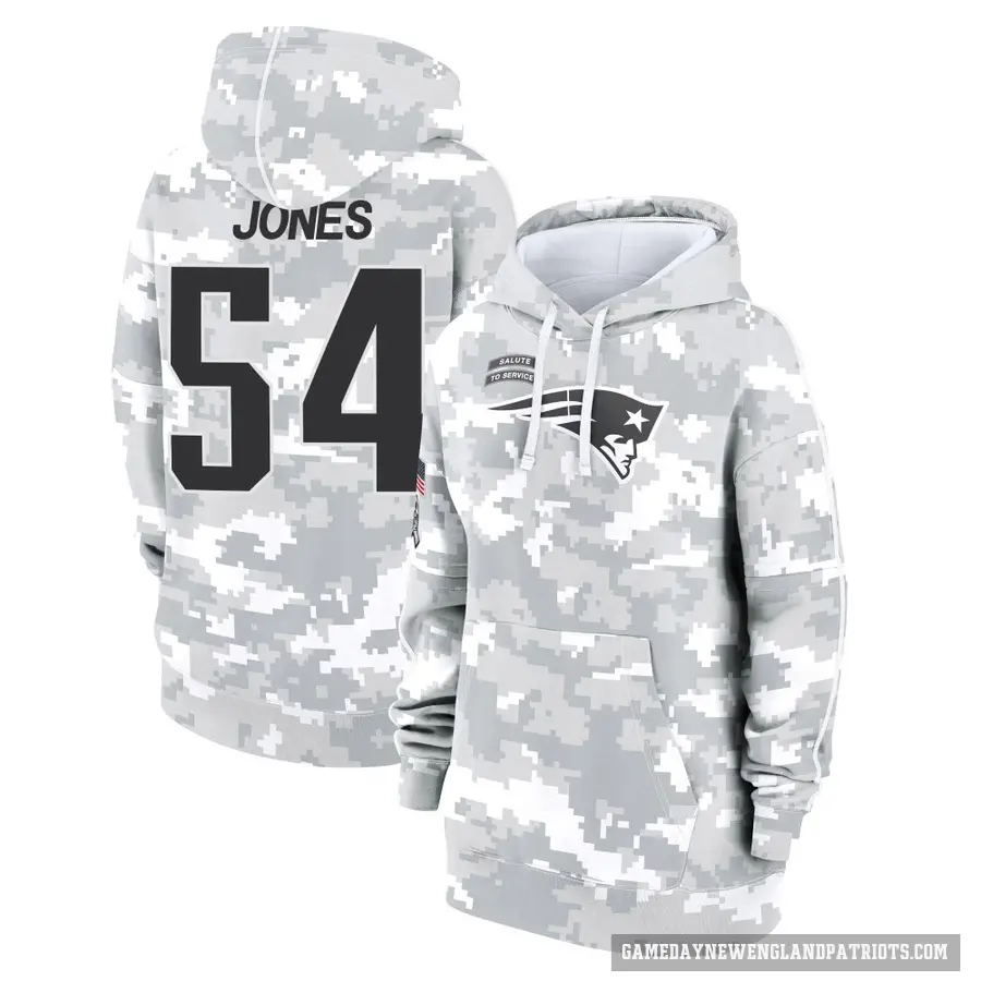 Women's ＃54 Truman Jones New England Patriots Arctic Camo 2024 Salute to Service Club Fleece Pullover Hoodie