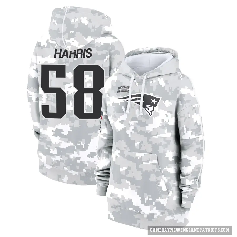 Women's ＃58 Marcus Harris New England Patriots Arctic Camo 2024 Salute to Service Club Fleece Pullover Hoodie