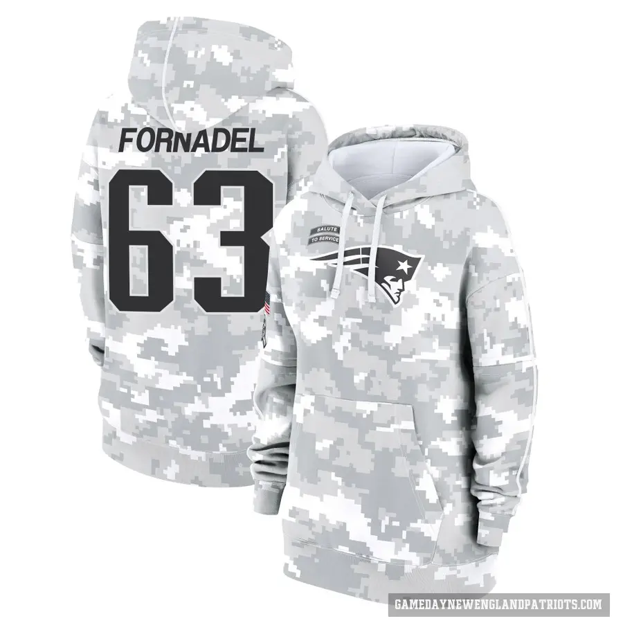 Women's ＃63 Liam Fornadel New England Patriots Arctic Camo 2024 Salute to Service Club Fleece Pullover Hoodie