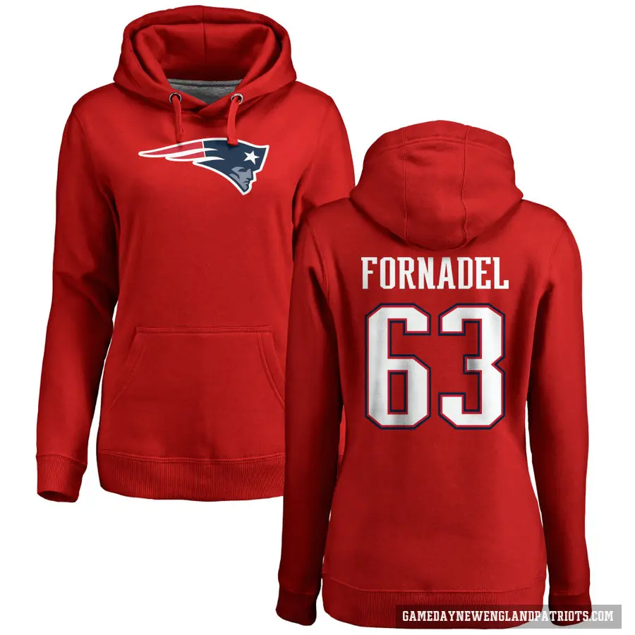 Women's ＃63 Liam Fornadel New England Patriots Red Pro Line Name & Number Logo Pullover Hoodie