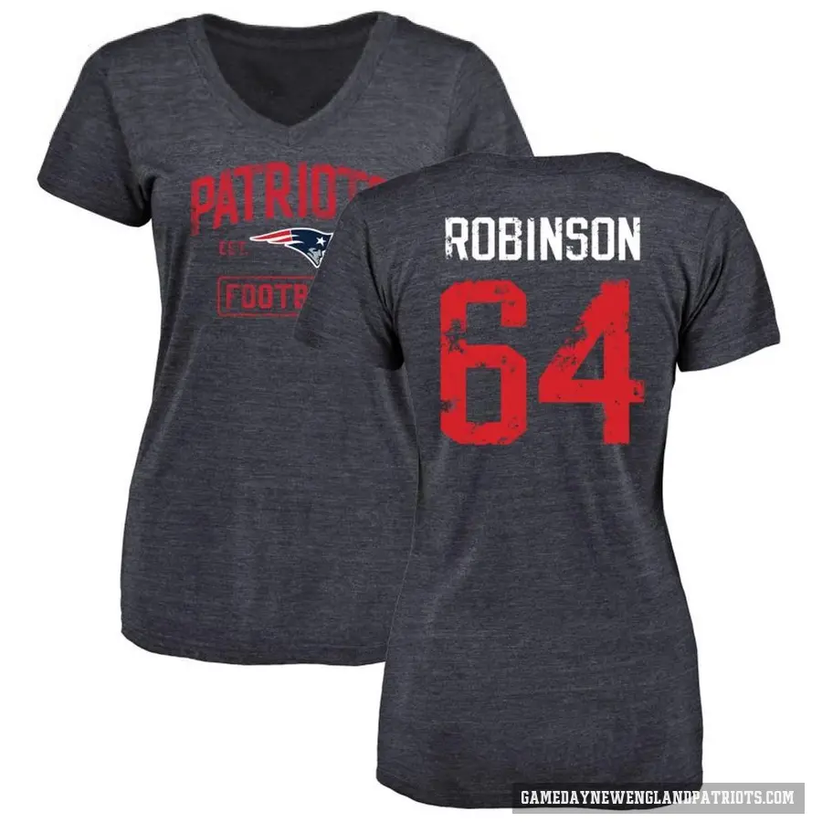 Women's ＃64 Layden Robinson New England Patriots Navy Distressed V-Neck T-Shirt