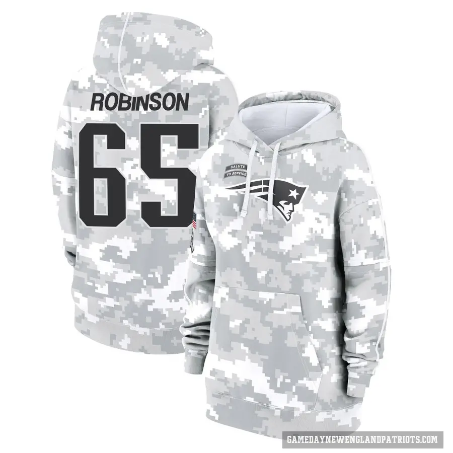 Women's ＃65 Tyrese Robinson New England Patriots Arctic Camo 2024 Salute to Service Club Fleece Pullover Hoodie