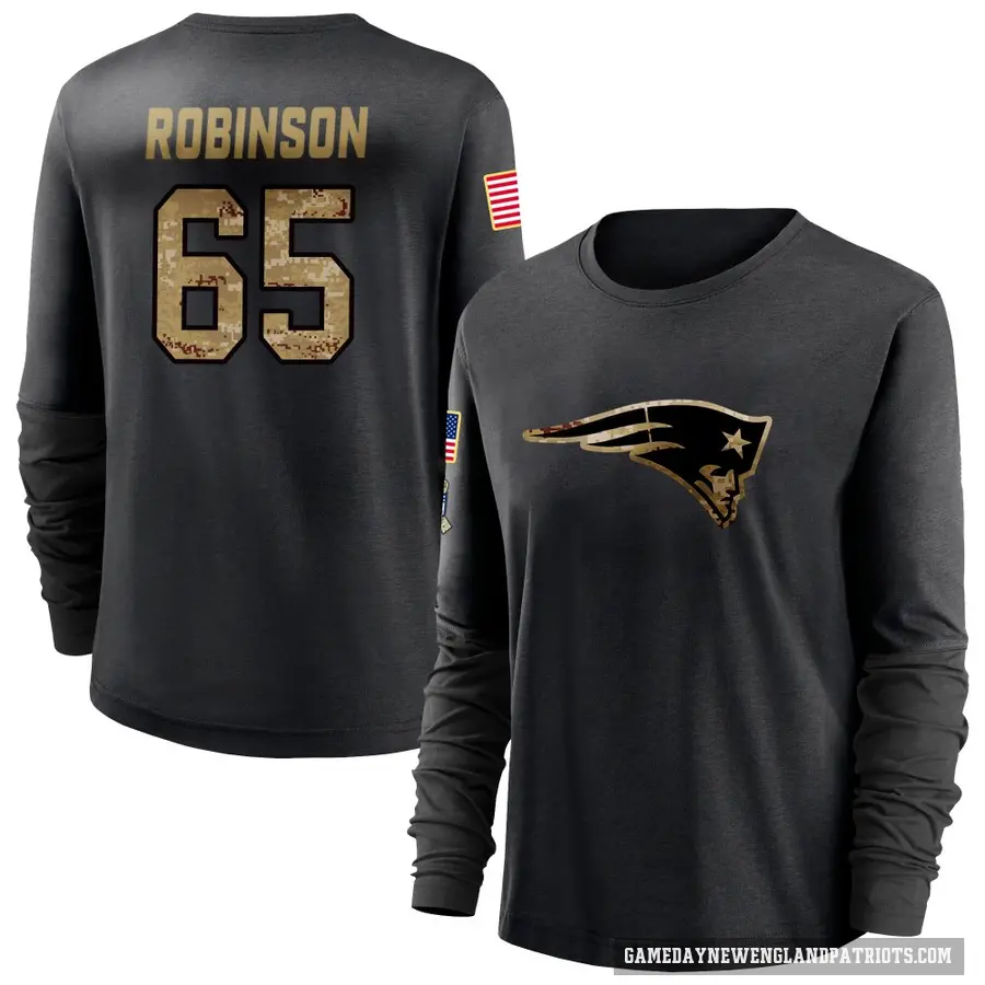 Women's ＃65 Tyrese Robinson New England Patriots Black 2020 Salute To Service Sideline Performance Long Sleeve T-Shirt