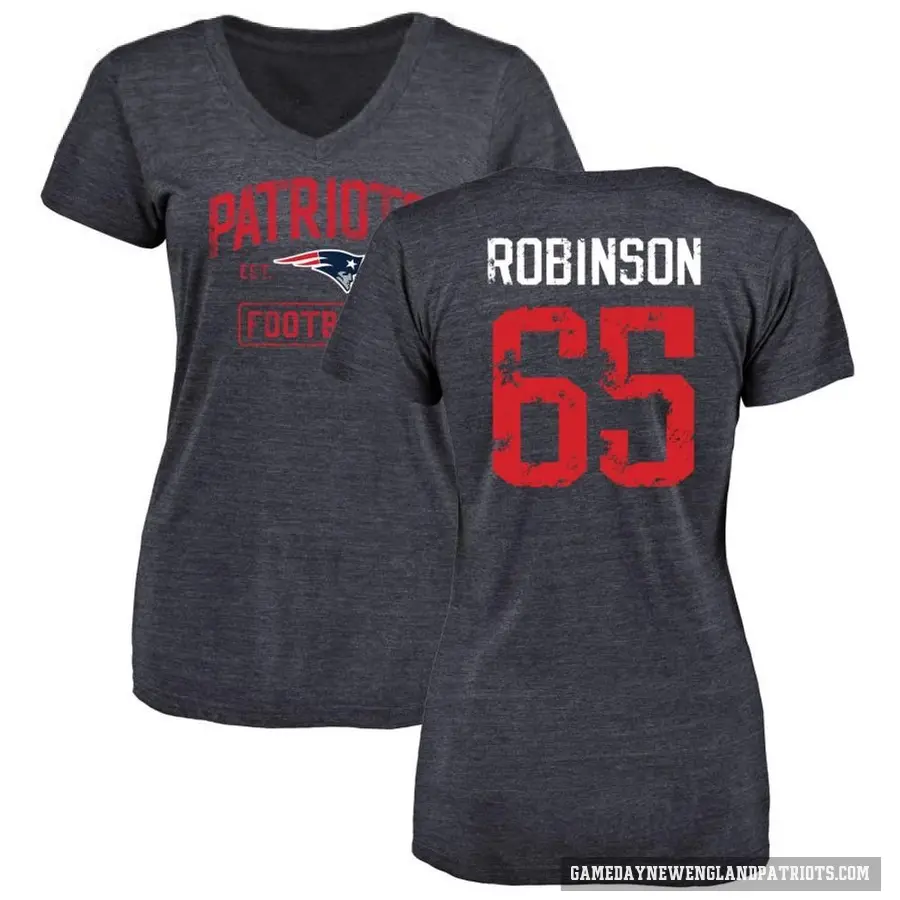 Women's ＃65 Tyrese Robinson New England Patriots Navy Distressed V-Neck T-Shirt