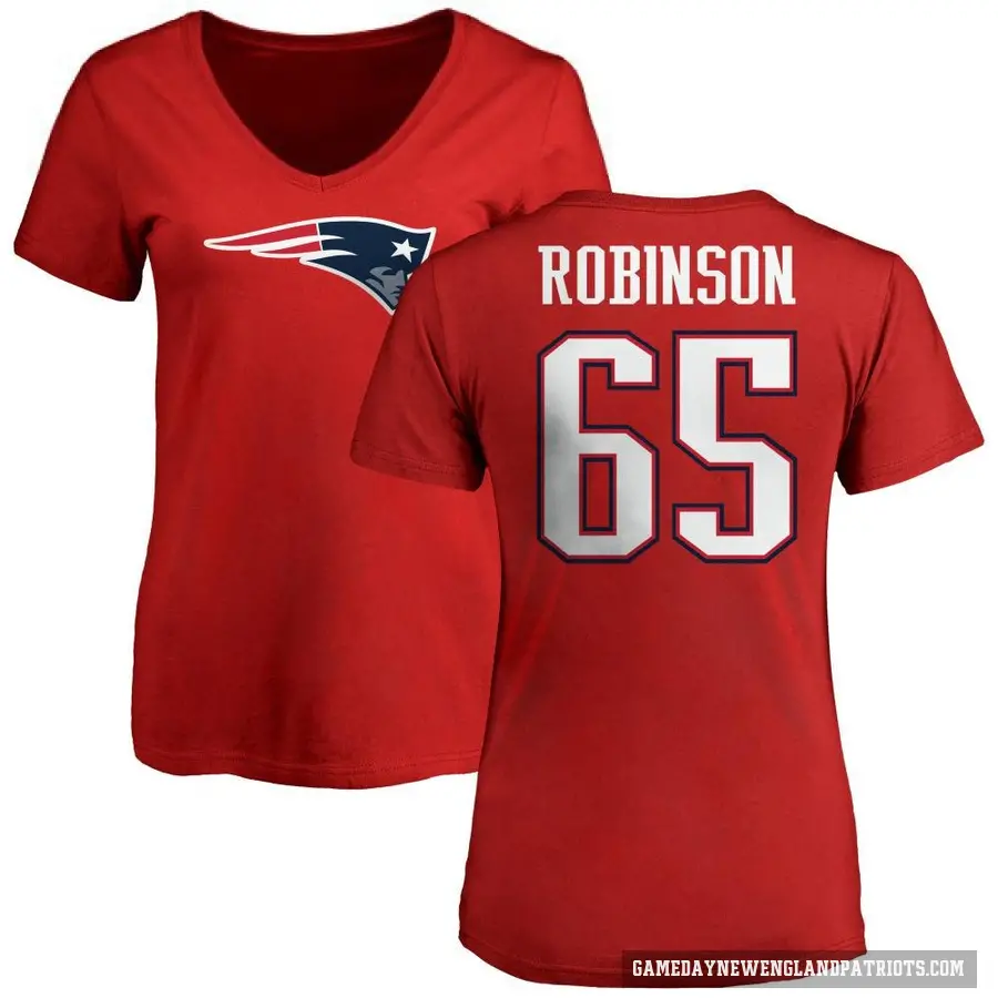 Women's ＃65 Tyrese Robinson New England Patriots Red Logo Slim Fit T-Shirt