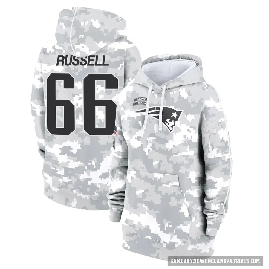 Women's ＃66 Jotham Russell New England Patriots Arctic Camo 2024 Salute to Service Club Fleece Pullover Hoodie