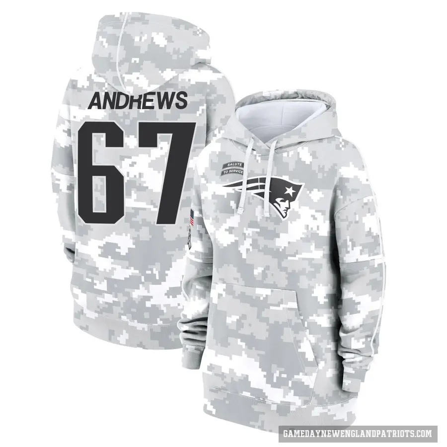 Women's ＃67 Jake Andrews New England Patriots Arctic Camo 2024 Salute to Service Club Fleece Pullover Hoodie