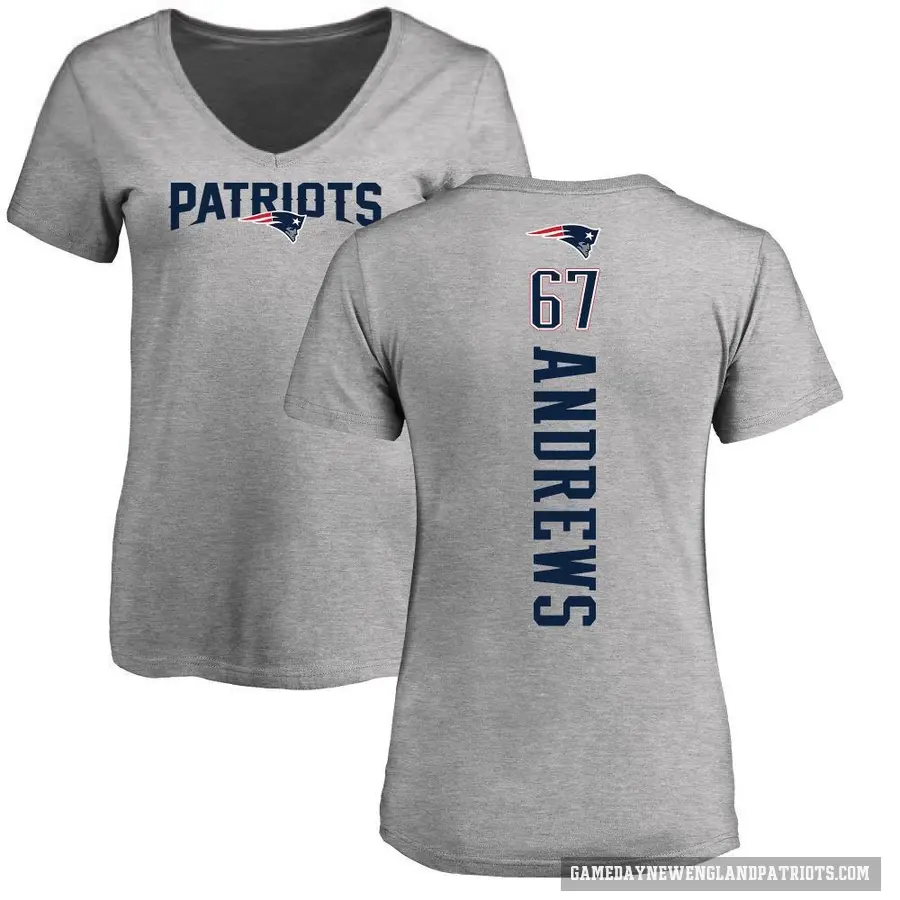 Women's ＃67 Jake Andrews New England Patriots Ash Backer V-Neck T-Shirt