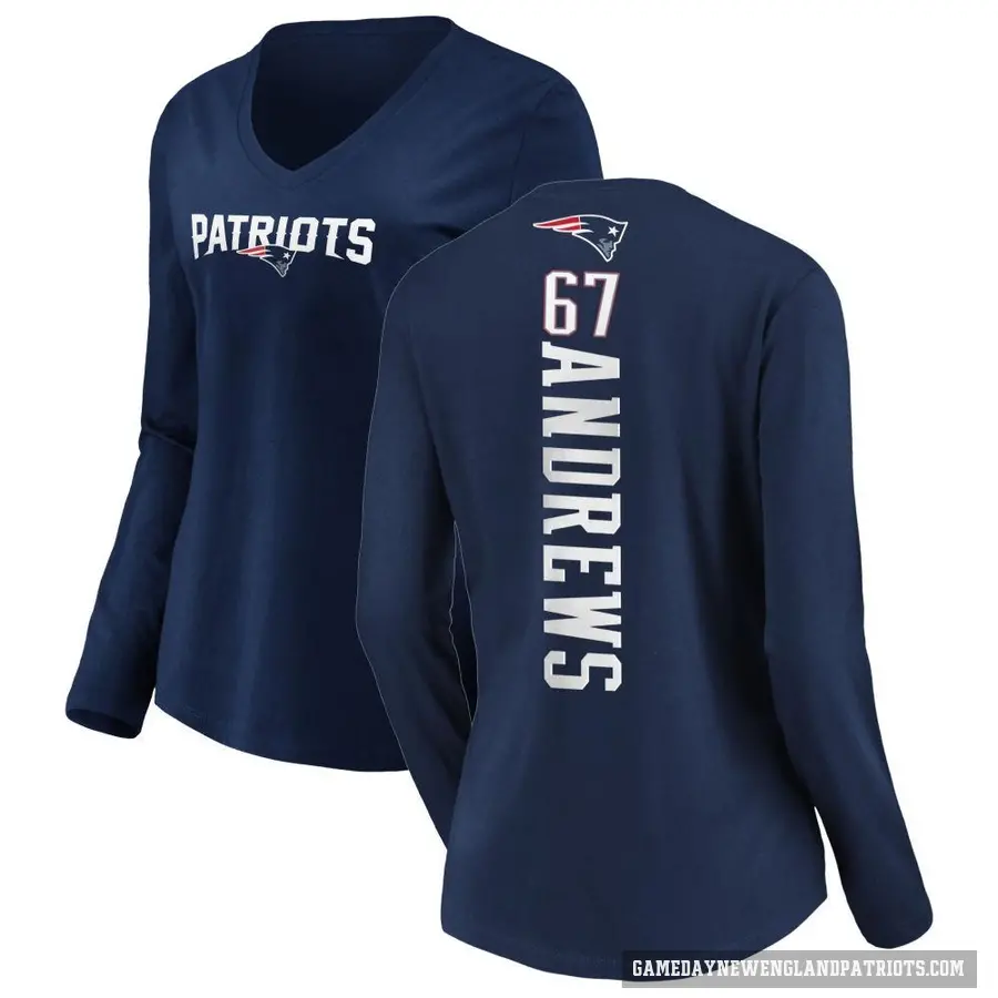 Women's ＃67 Jake Andrews New England Patriots Navy Backer Slim Fit Long Sleeve T-Shirt