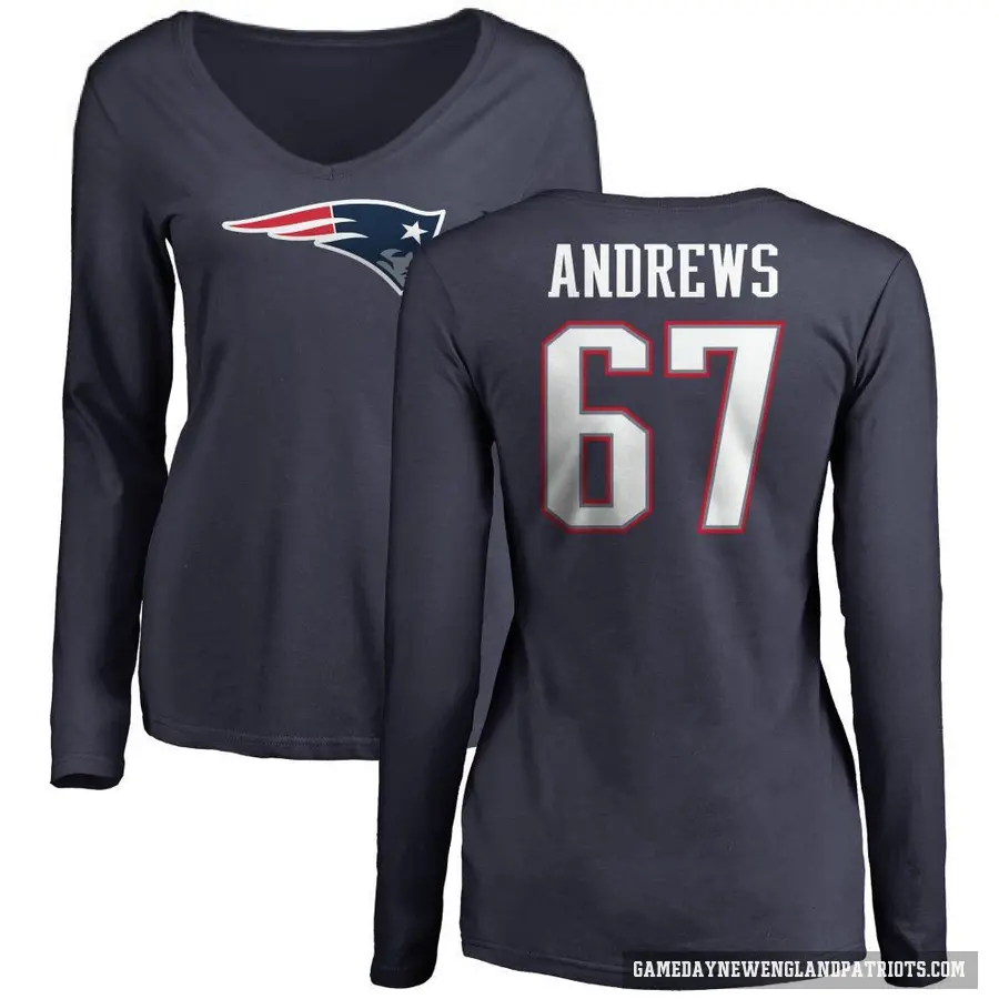 Women's ＃67 Jake Andrews New England Patriots Navy Logo Slim Fit Long Sleeve T-Shirt