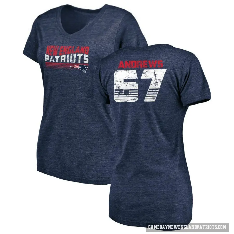 Women's ＃67 Jake Andrews New England Patriots Navy Retro V-Neck T-Shirt