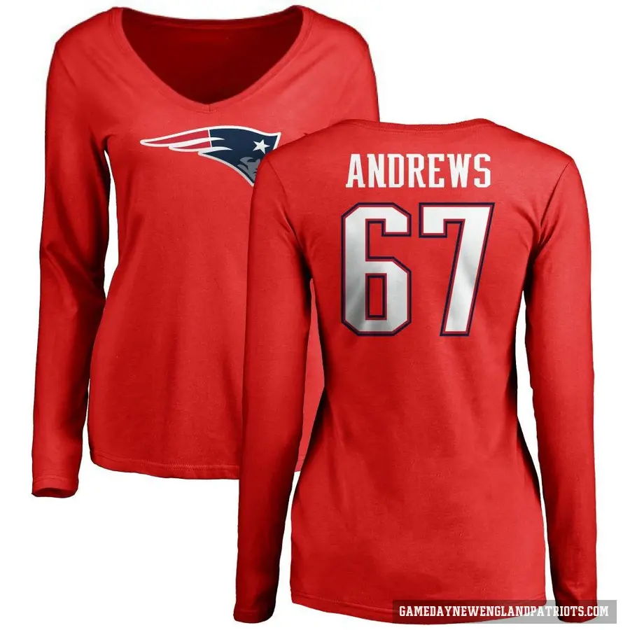 Women's ＃67 Jake Andrews New England Patriots Red Logo Slim Fit Long Sleeve T-Shirt