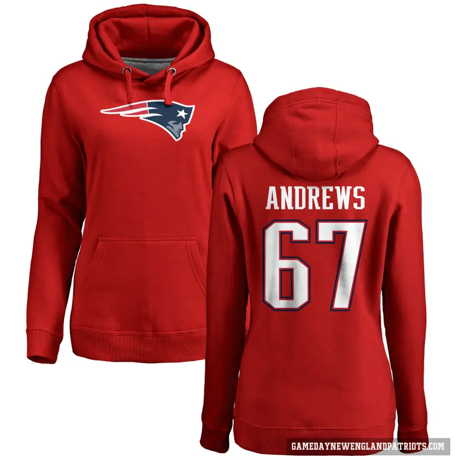 Women's ＃67 Jake Andrews New England Patriots Red Pro Line Name & Number Logo Pullover Hoodie