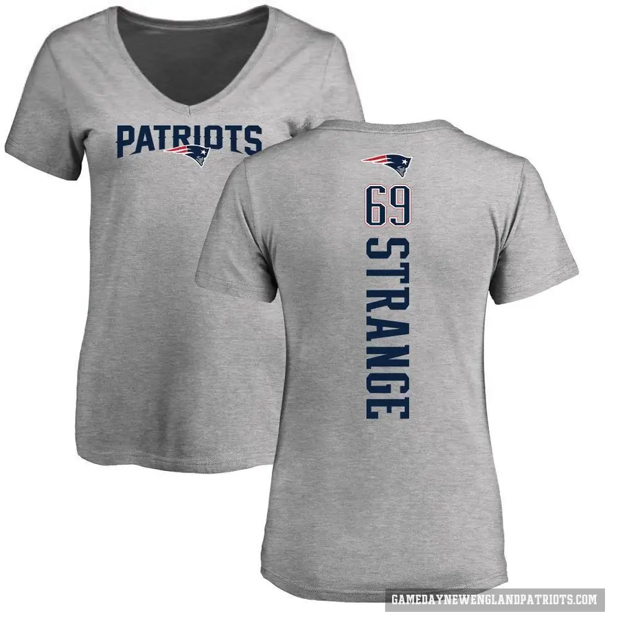 Women's ＃69 Cole Strange New England Patriots Ash Backer V-Neck T-Shirt