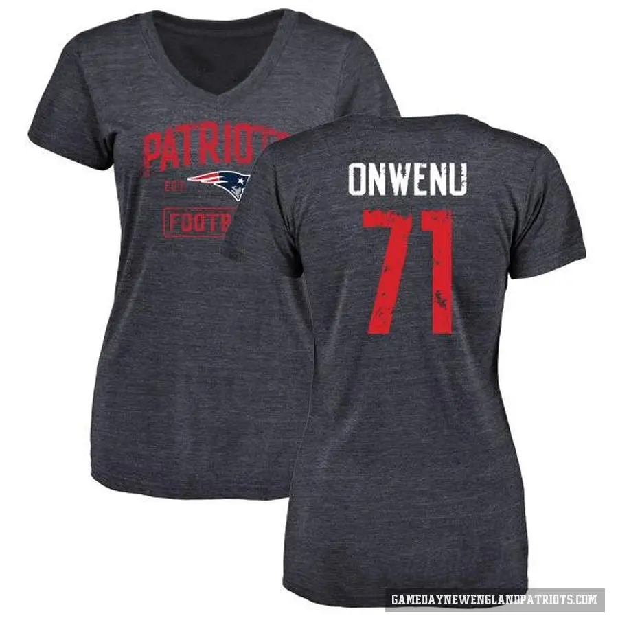 Women's ＃71 Mike Onwenu New England Patriots Navy Distressed V-Neck T-Shirt