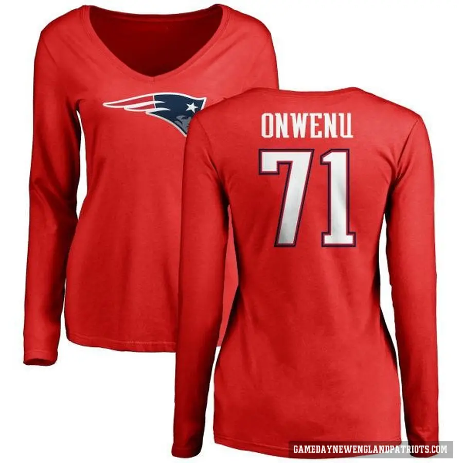 Women's ＃71 Mike Onwenu New England Patriots Red Logo Slim Fit Long Sleeve T-Shirt