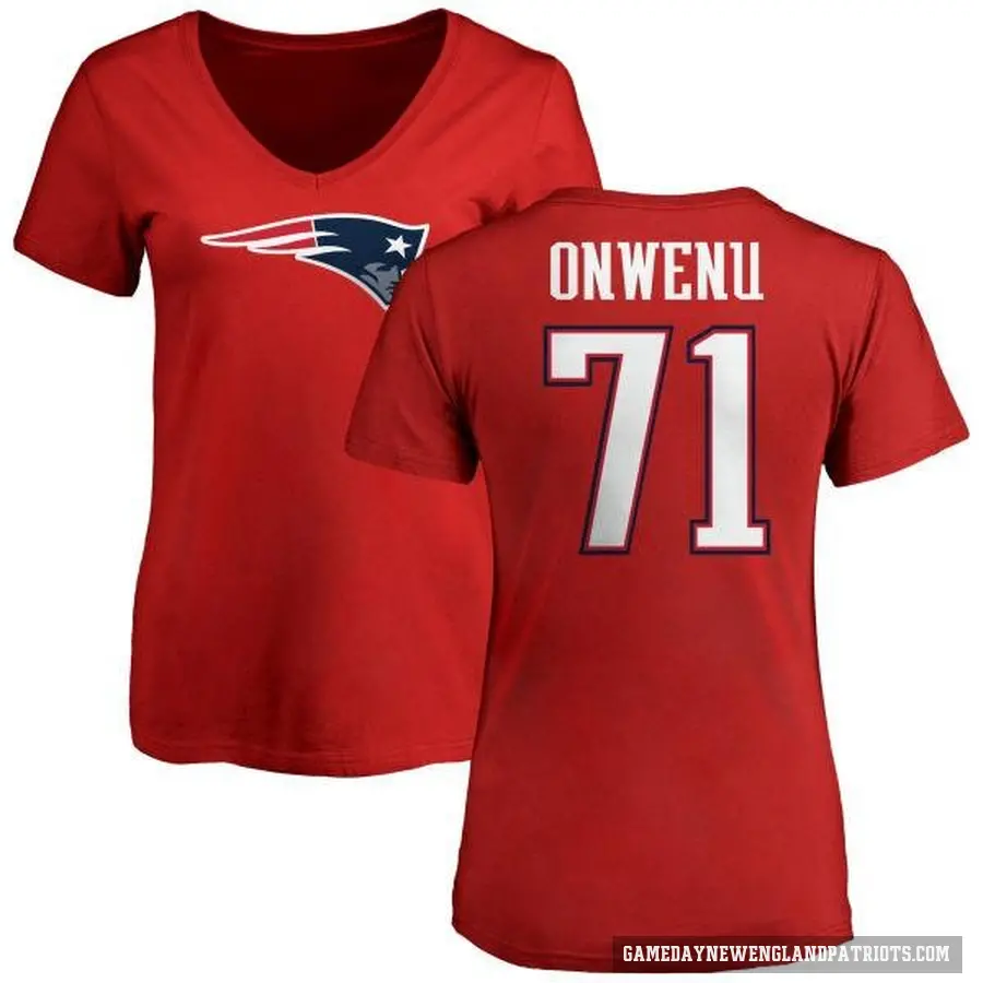 Women's ＃71 Mike Onwenu New England Patriots Red Logo Slim Fit T-Shirt