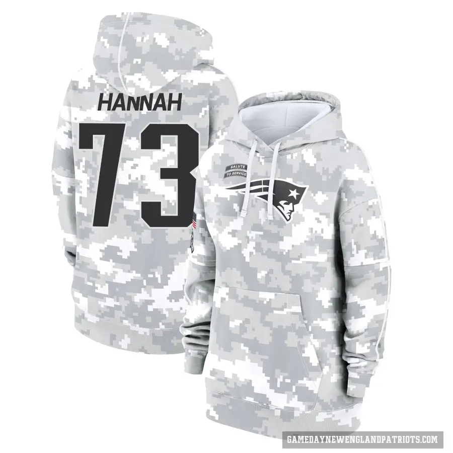 Women's ＃73 John Hannah New England Patriots Arctic Camo 2024 Salute to Service Club Fleece Pullover Hoodie