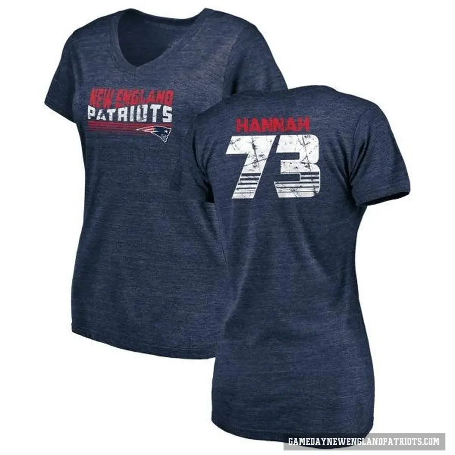 Women's ＃73 John Hannah New England Patriots Navy Retro V-Neck T-Shirt