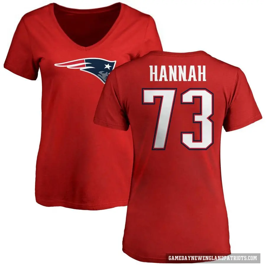 Women's ＃73 John Hannah New England Patriots Red Logo Slim Fit T-Shirt